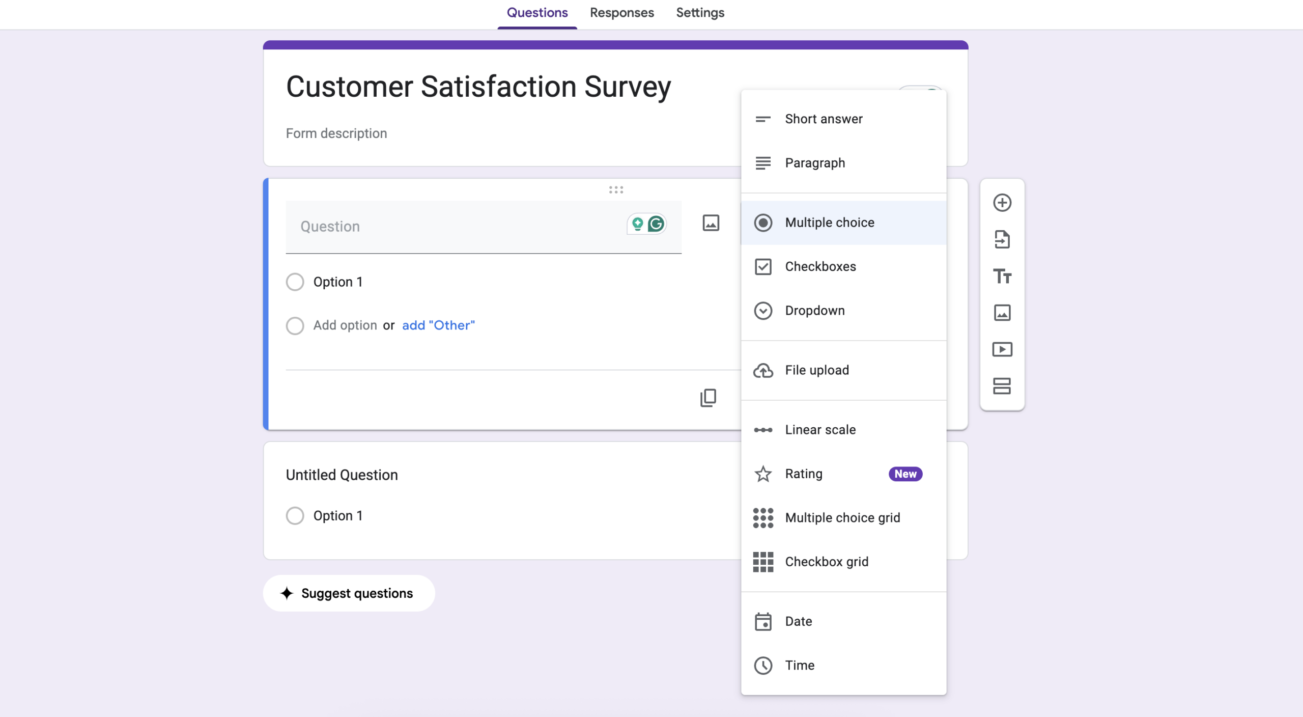 A screen depicting a drop-down menu with different types of survey questions you can add to your form.